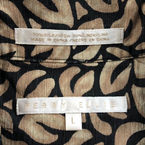 Perry Ellis Men Shirt Large Short Sleeve Silk Linen Button Up Leaf Print Tan Y2K - Picture 3 of 11
